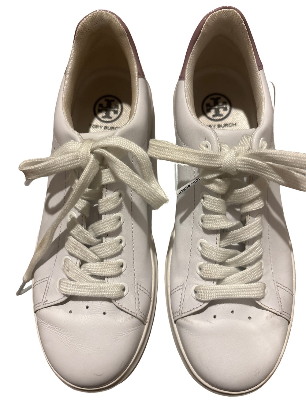 Tory Burch White Leather Lace-Up Sneakers with Mauve Heel